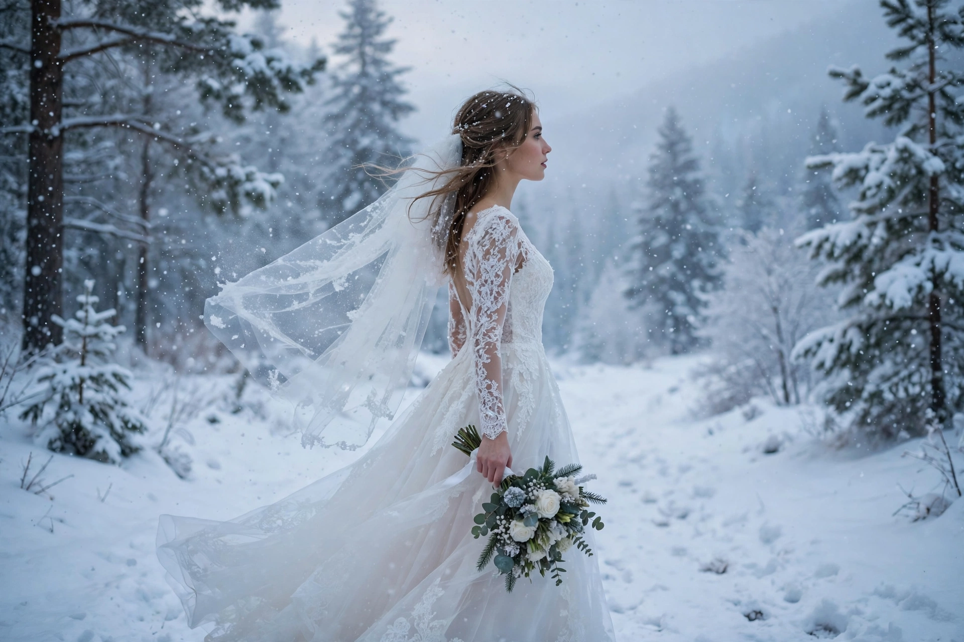 Bride Snowfall Walk