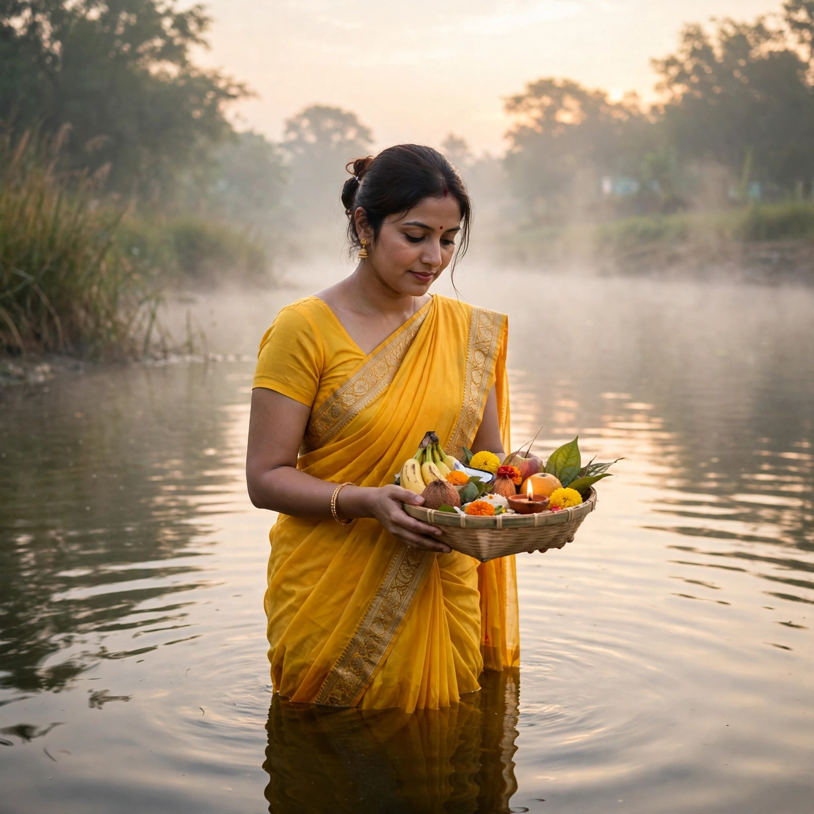 Chhath Puja Yellow Saree River Prompt