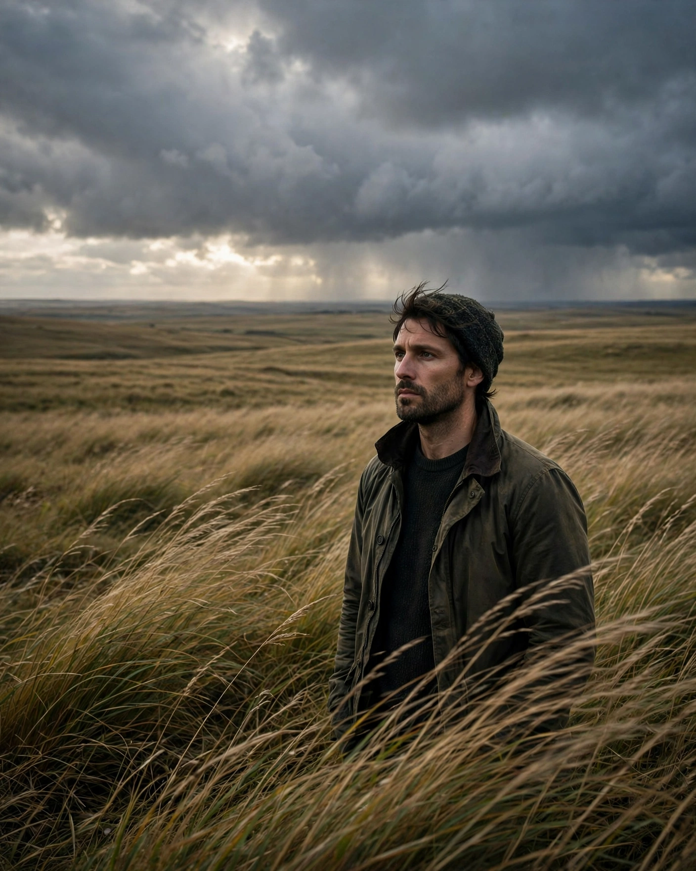 Close-Up Man in Windswept Grass