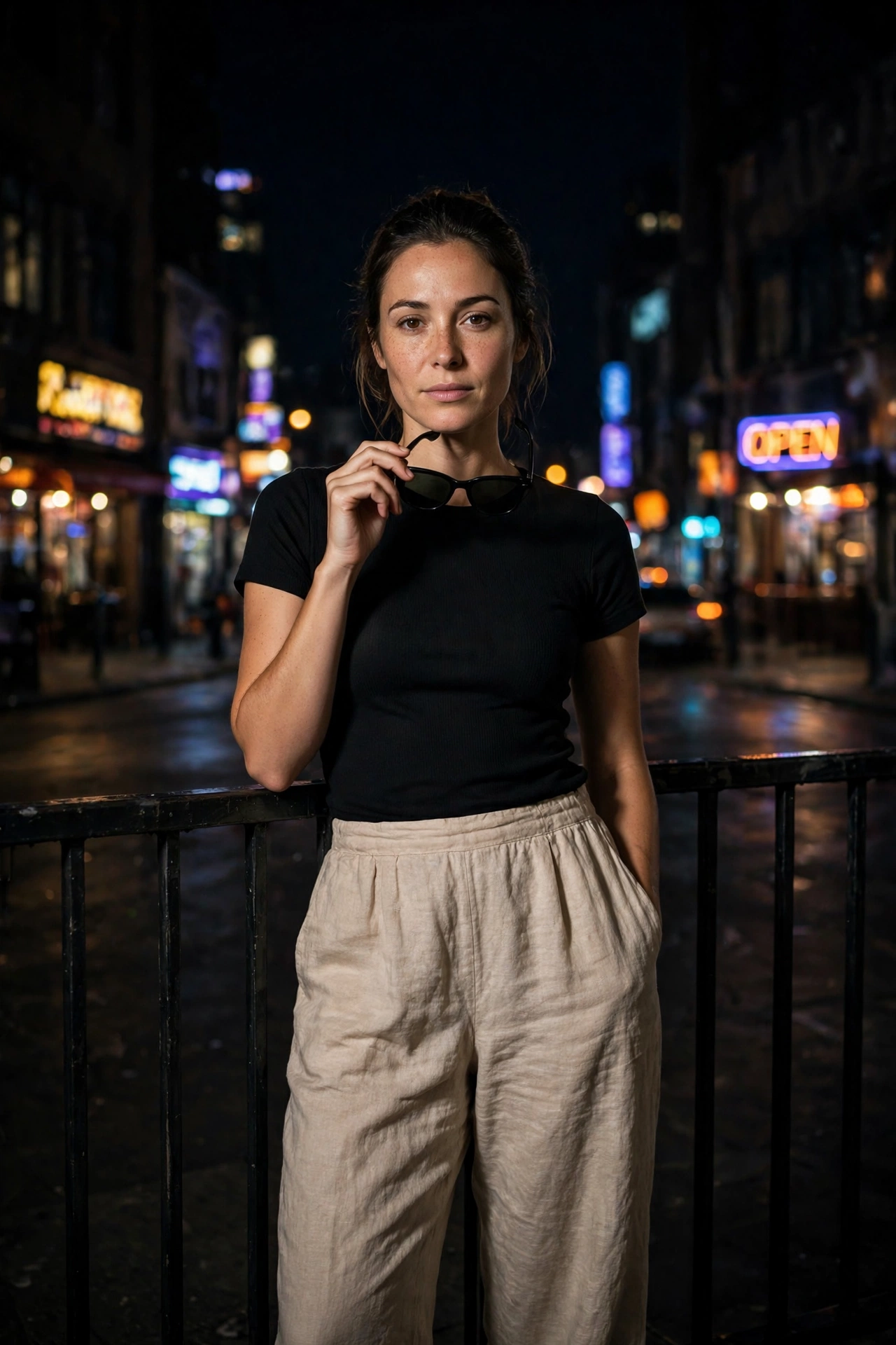 Dark Night Portrait, Woman Standing Upright Against ...
