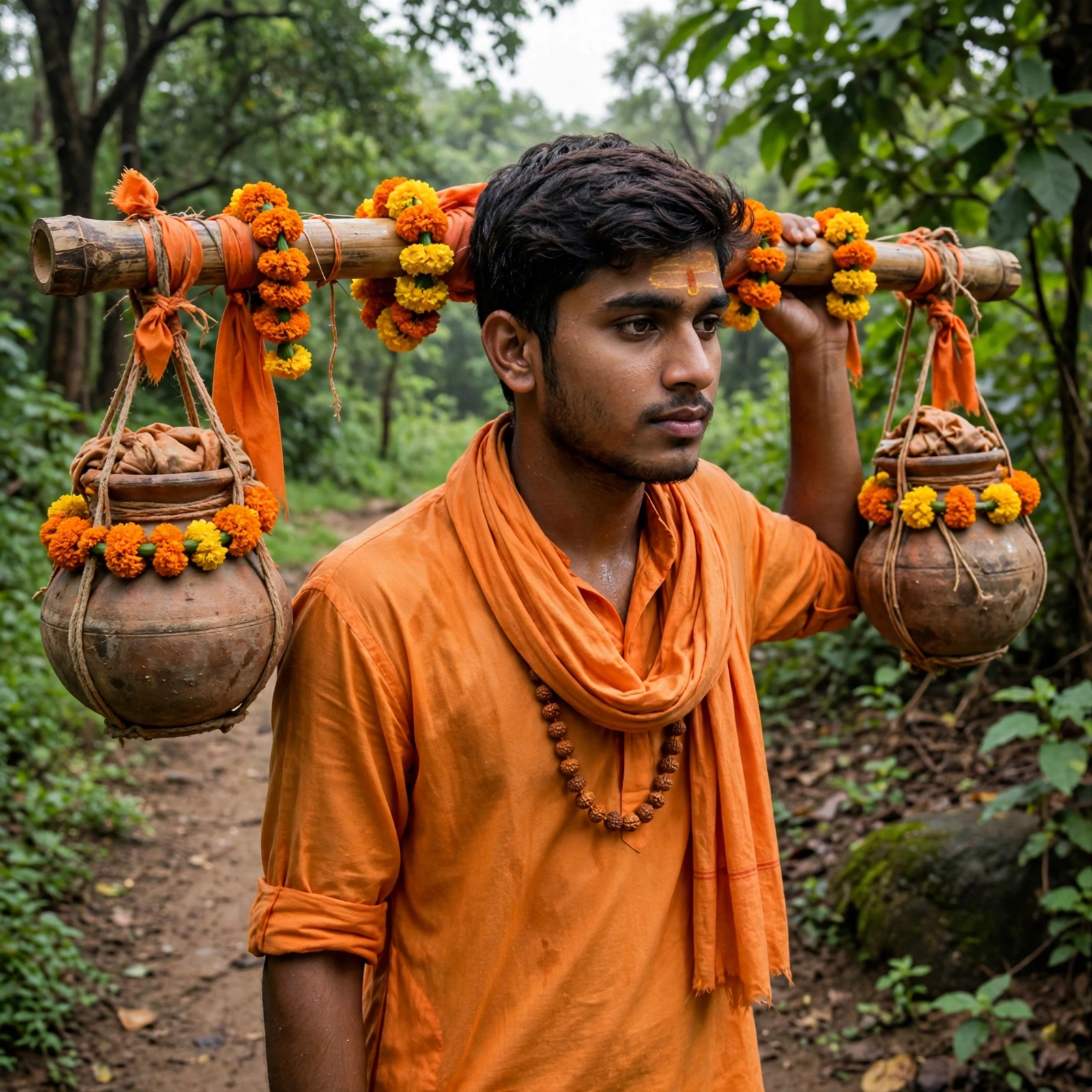 Devoted Young Indian Man with Kanwar