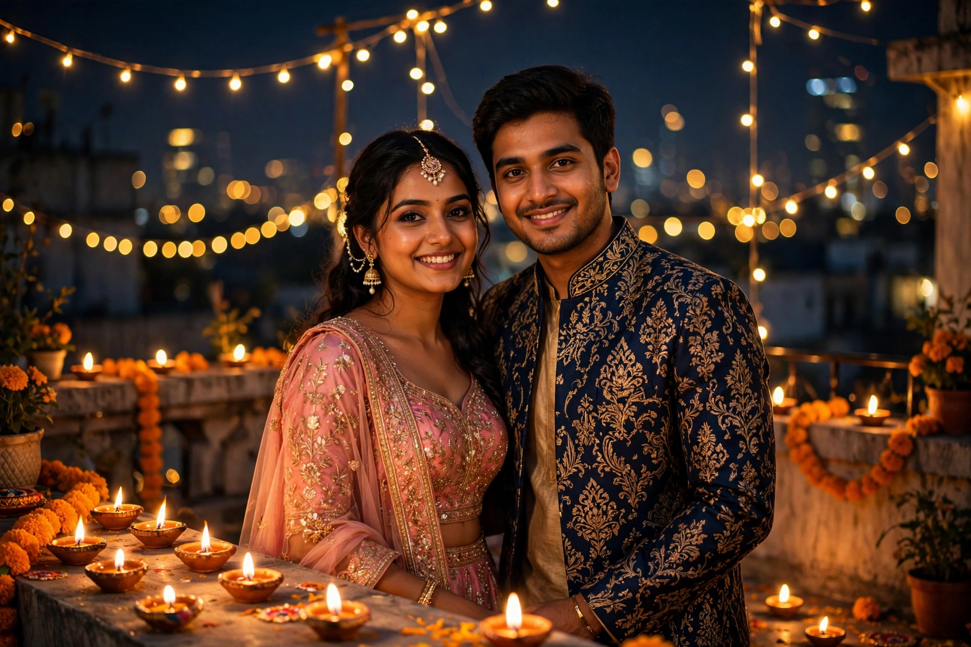 Diwali Rooftop Couple Portrait Prompt