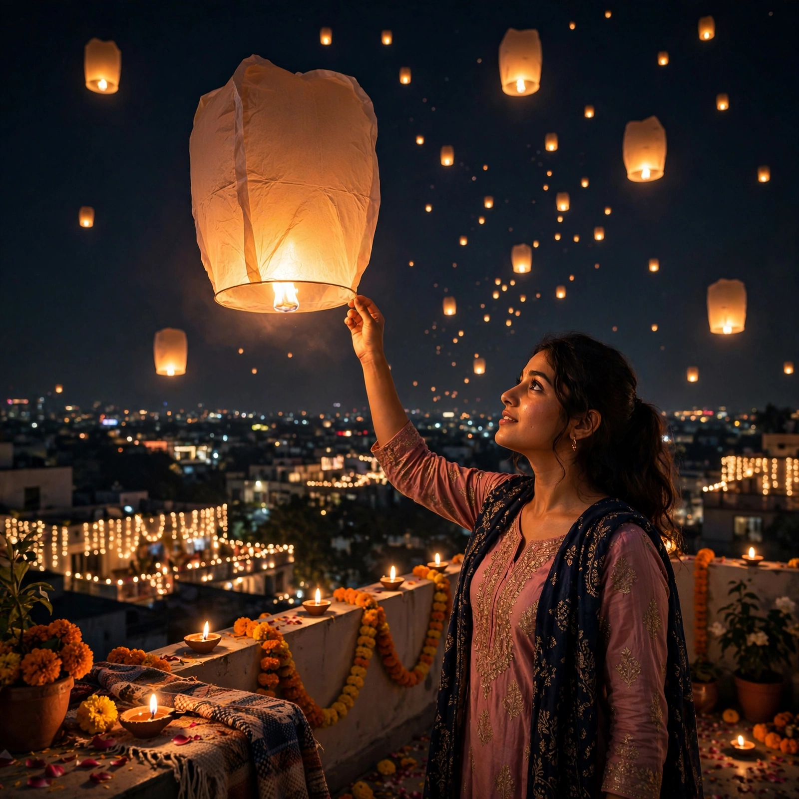 Diwali Sky Lantern Girl Rooftop Prompt