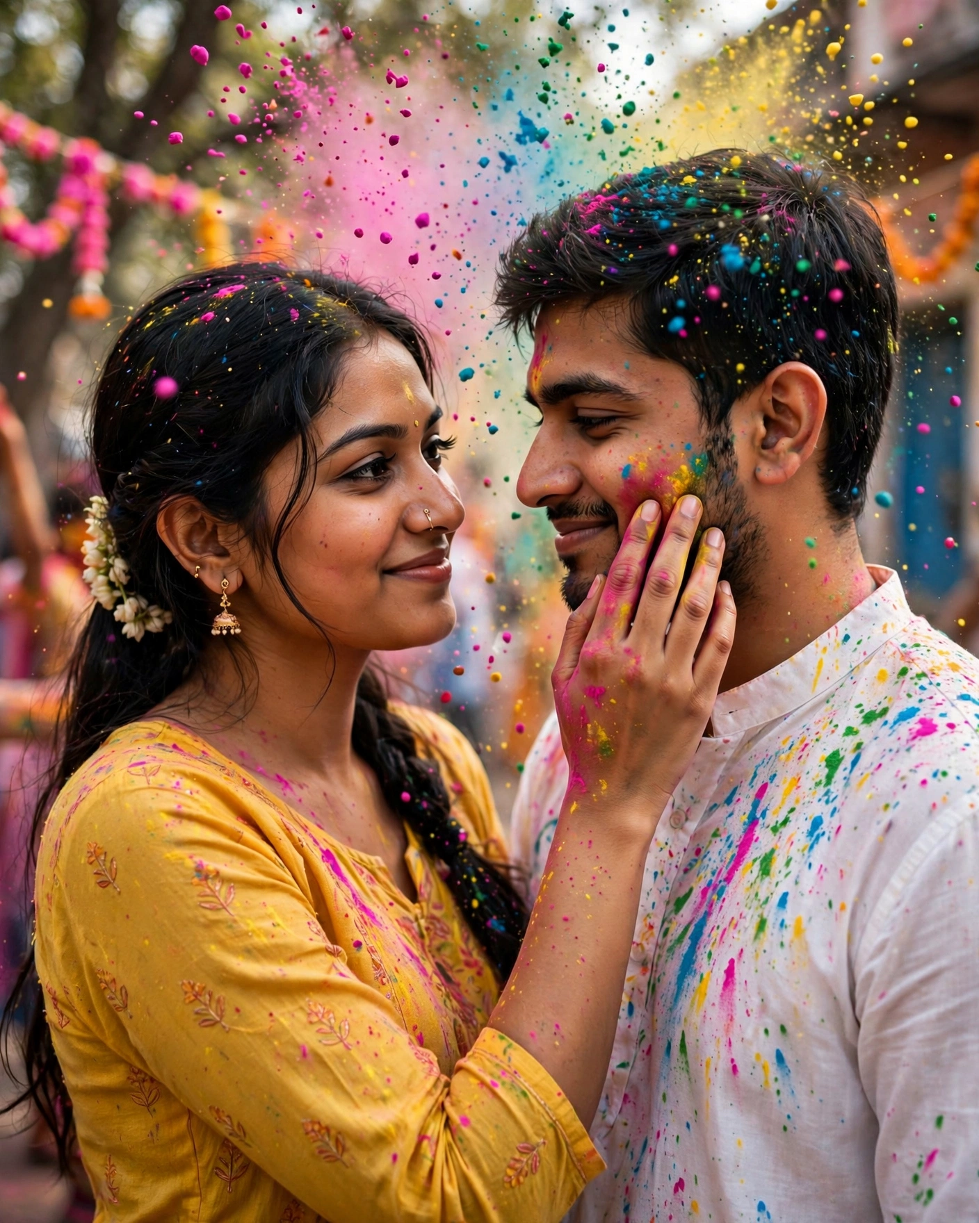 DSLR Photo of an Indian Couple Celebrating Holi