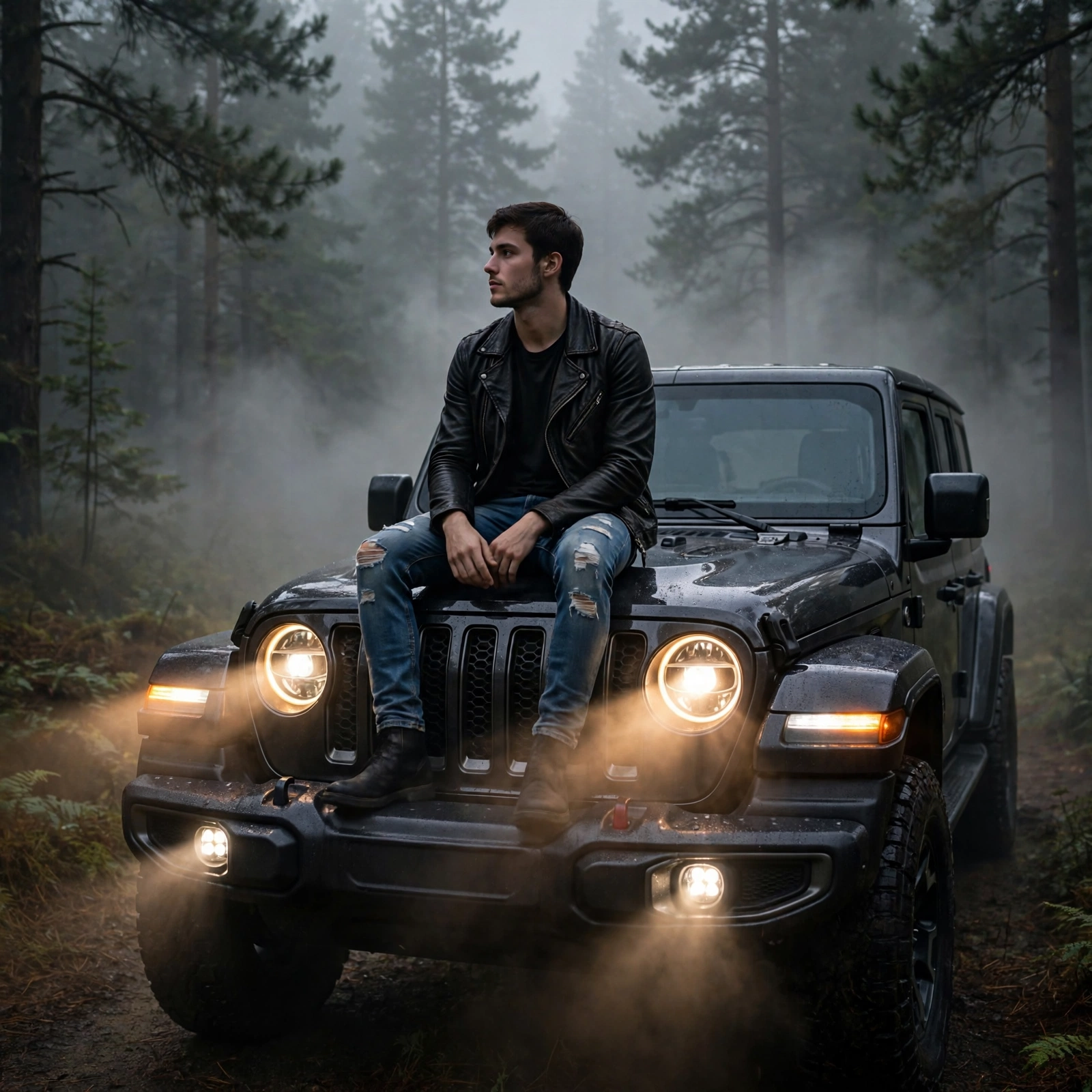 Foggy Forest Jeep Leather Jacket Prompt