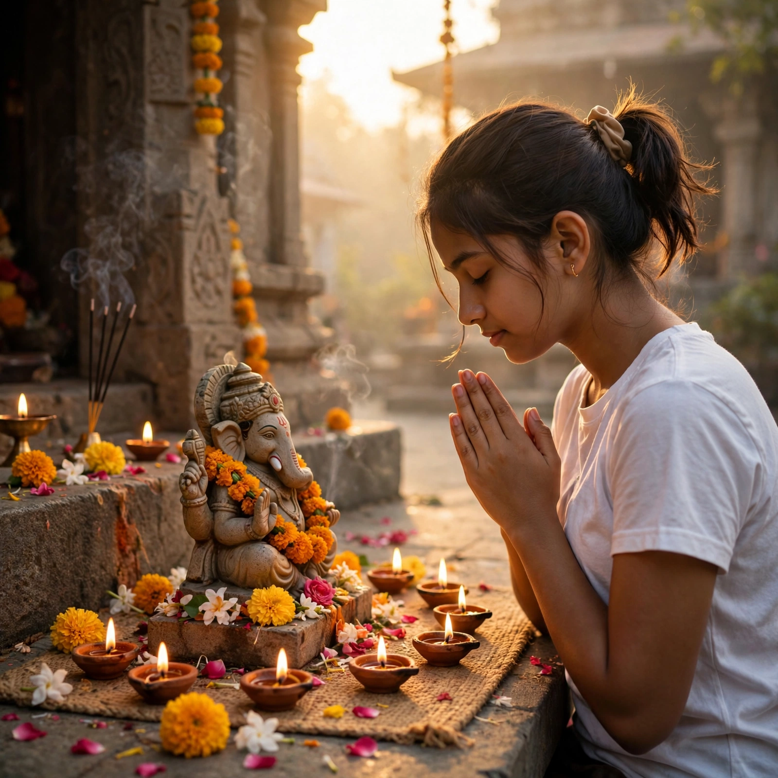 Ganesh Sunrise Prayer Girl Photo Prompt