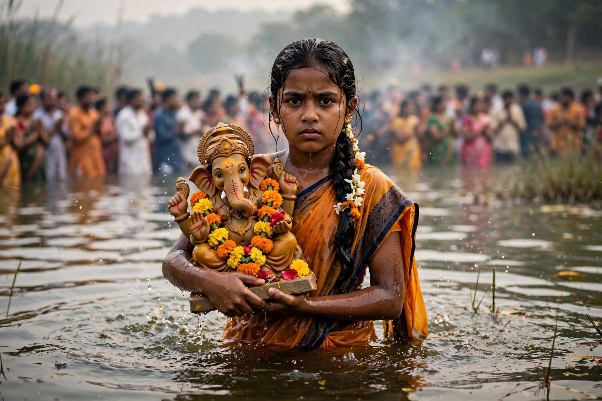 Ganpati Visarjan Water Girl Statue Prompt