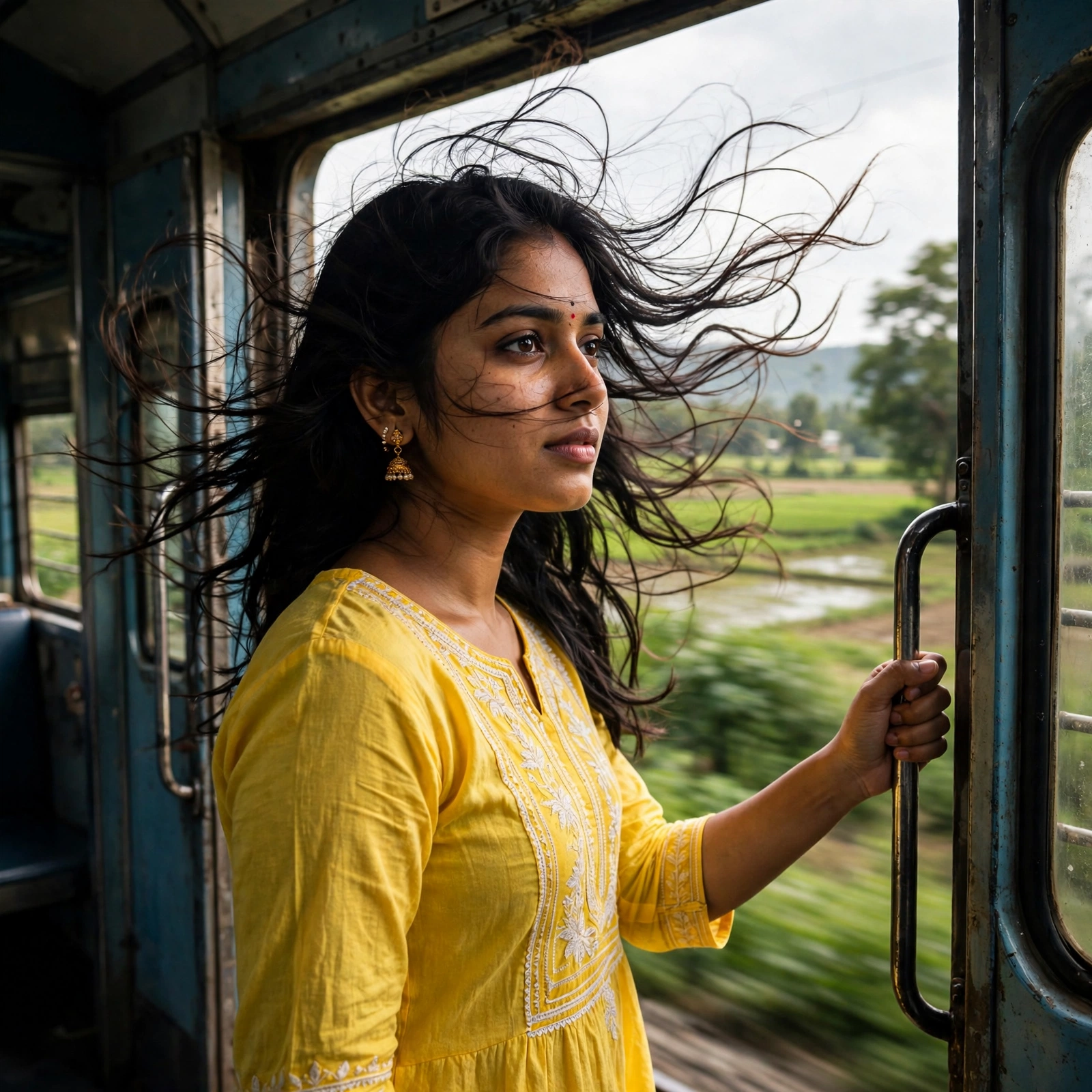 Girl at Train Door in Yellow Kurti