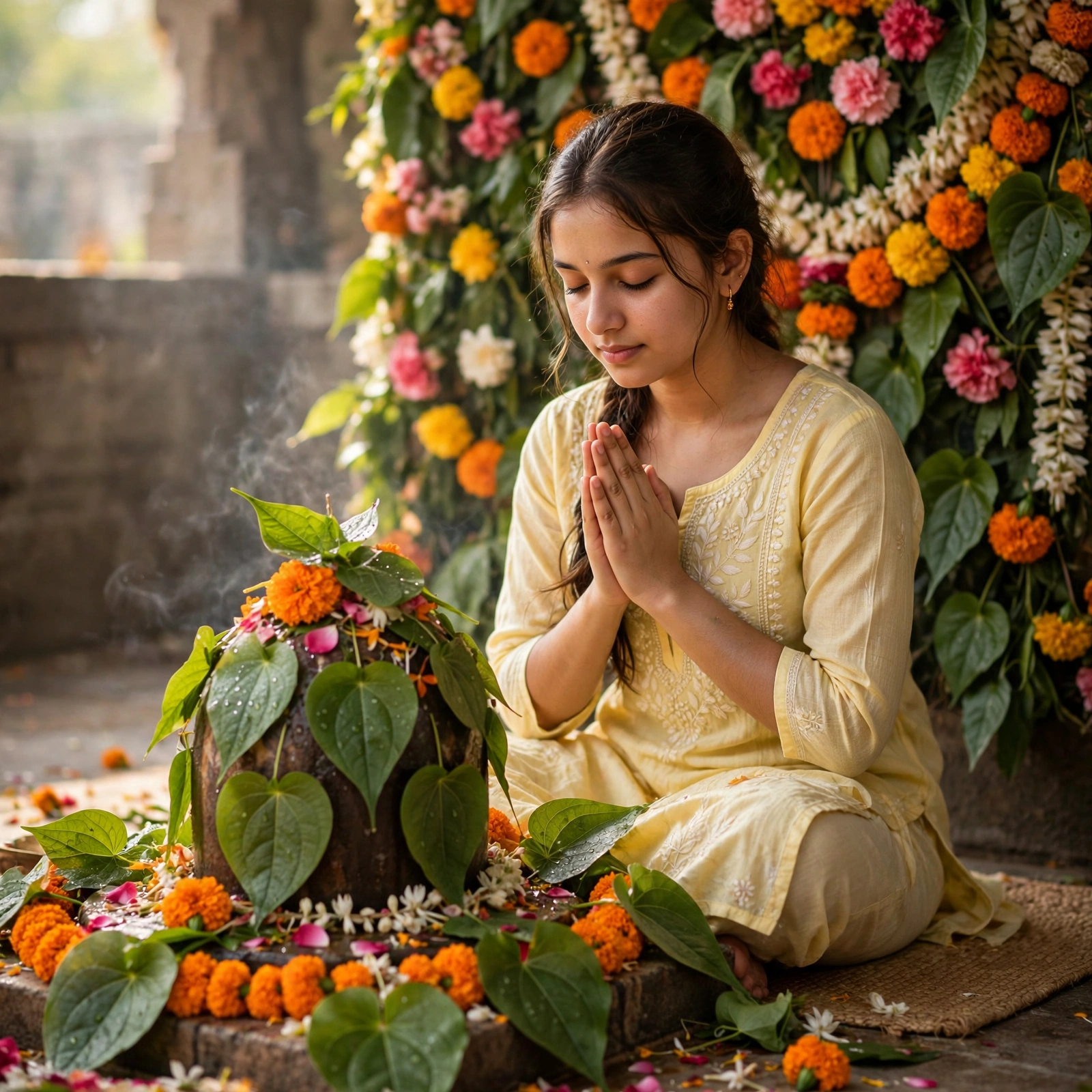 Girl Praying Before Shivling