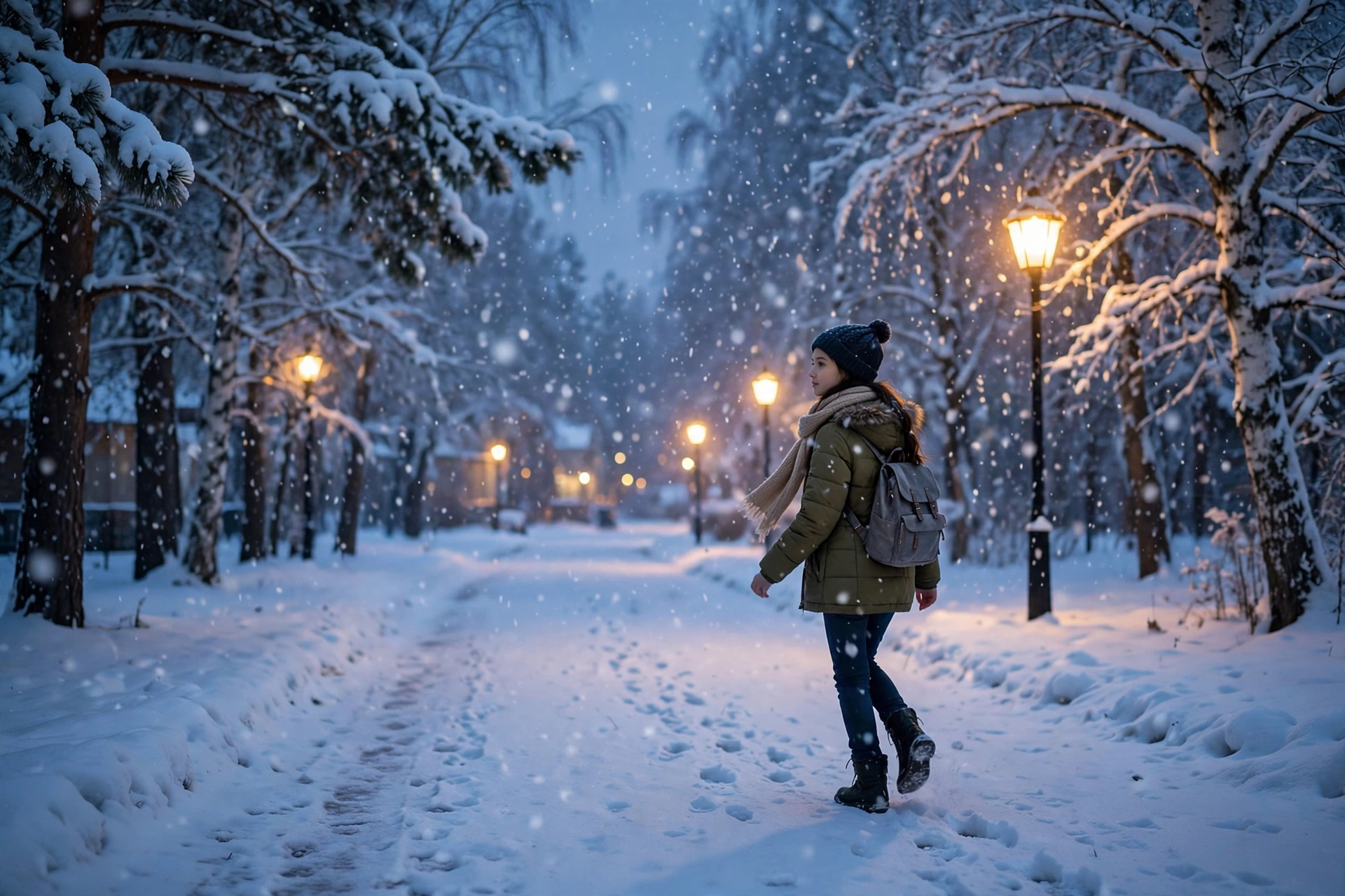 Girl Snowfall Walk