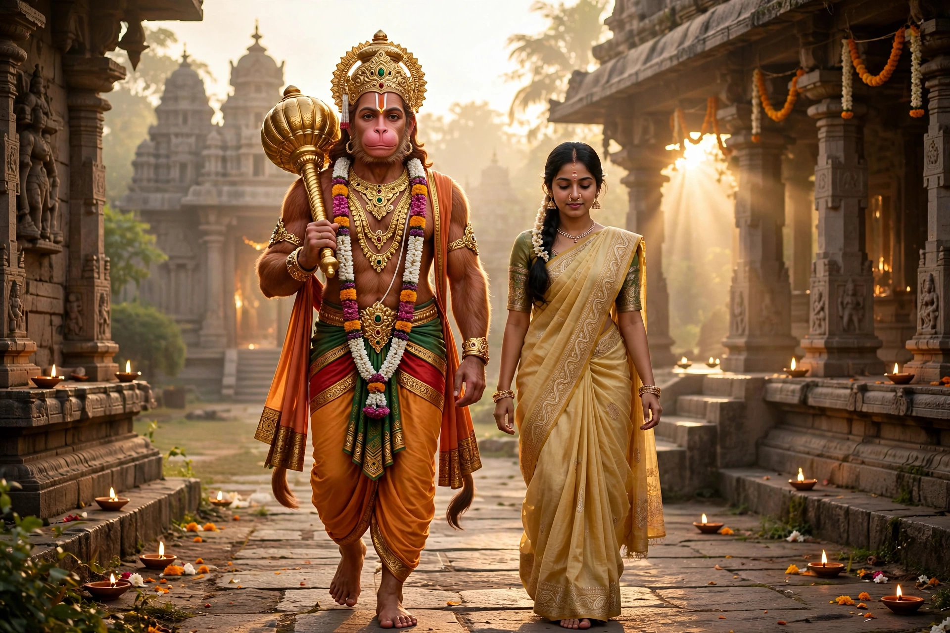 Girl Walking With Hanuman Ji Prompt