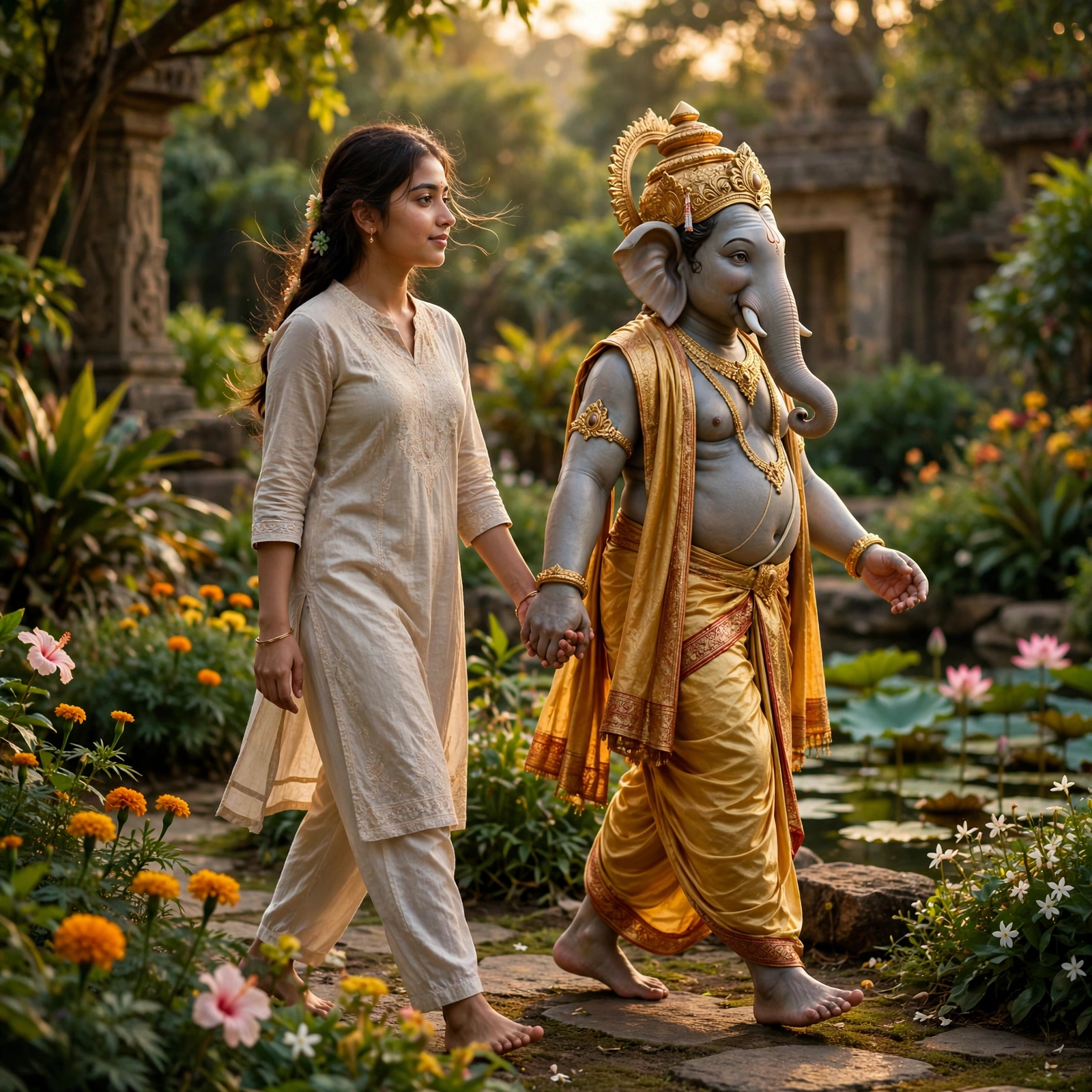 Girl Walking with Lord Ganesha