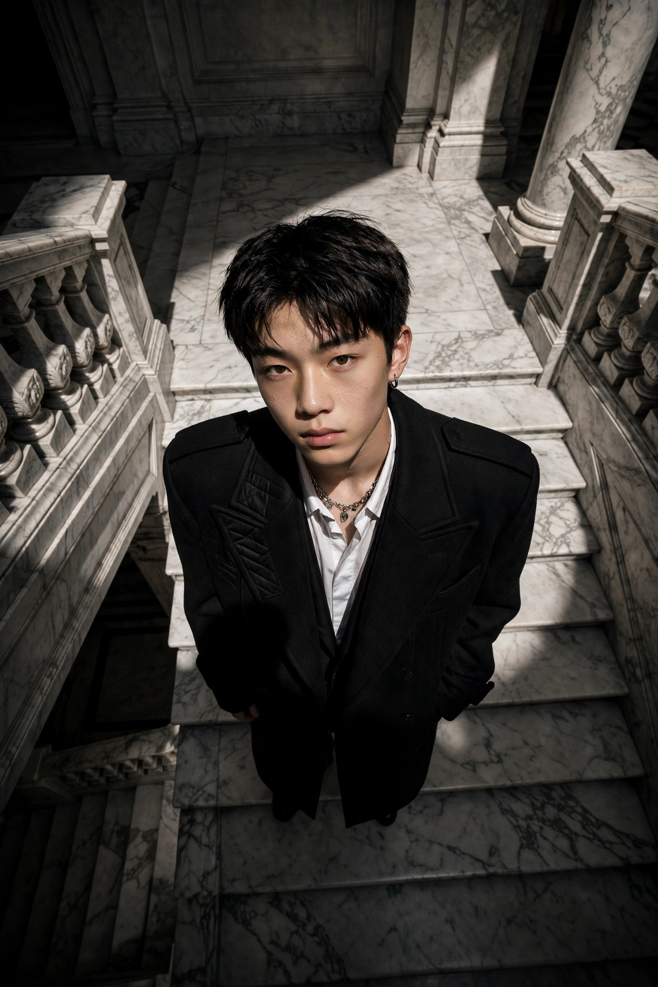 High-Angle Marble Staircase Fashion Prompt