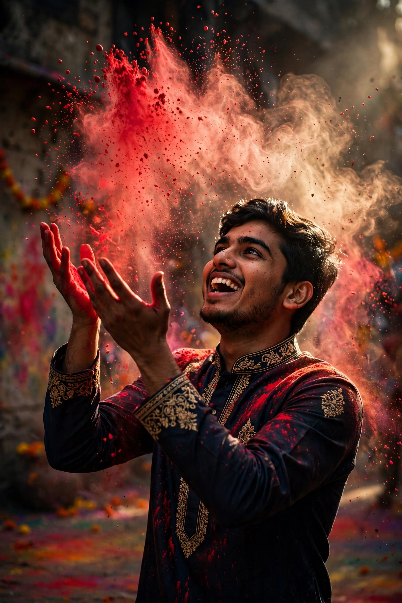 Holi Red Gulal Kurta Photo Prompt