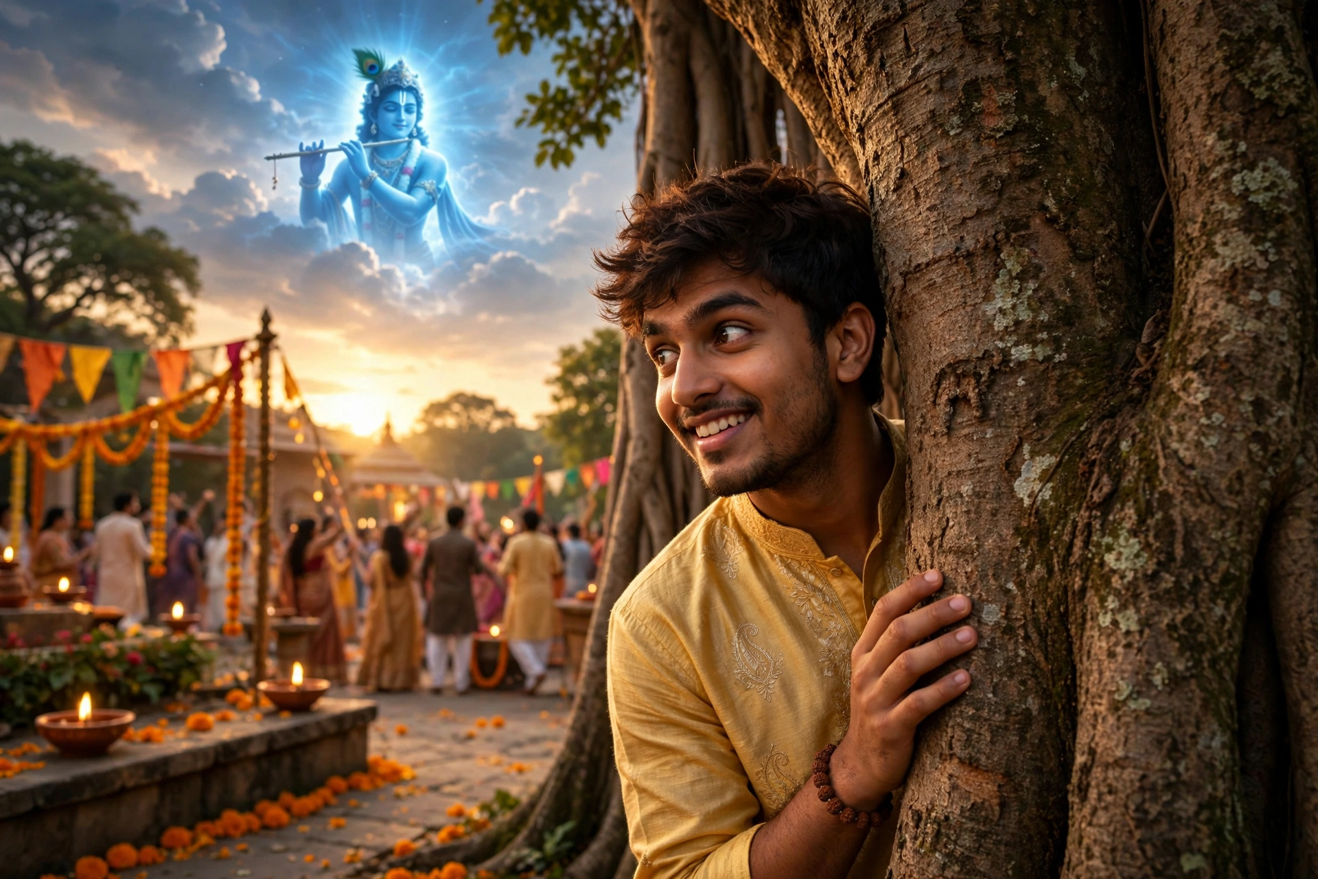Little Krishna Behind Tree Photo Prompt