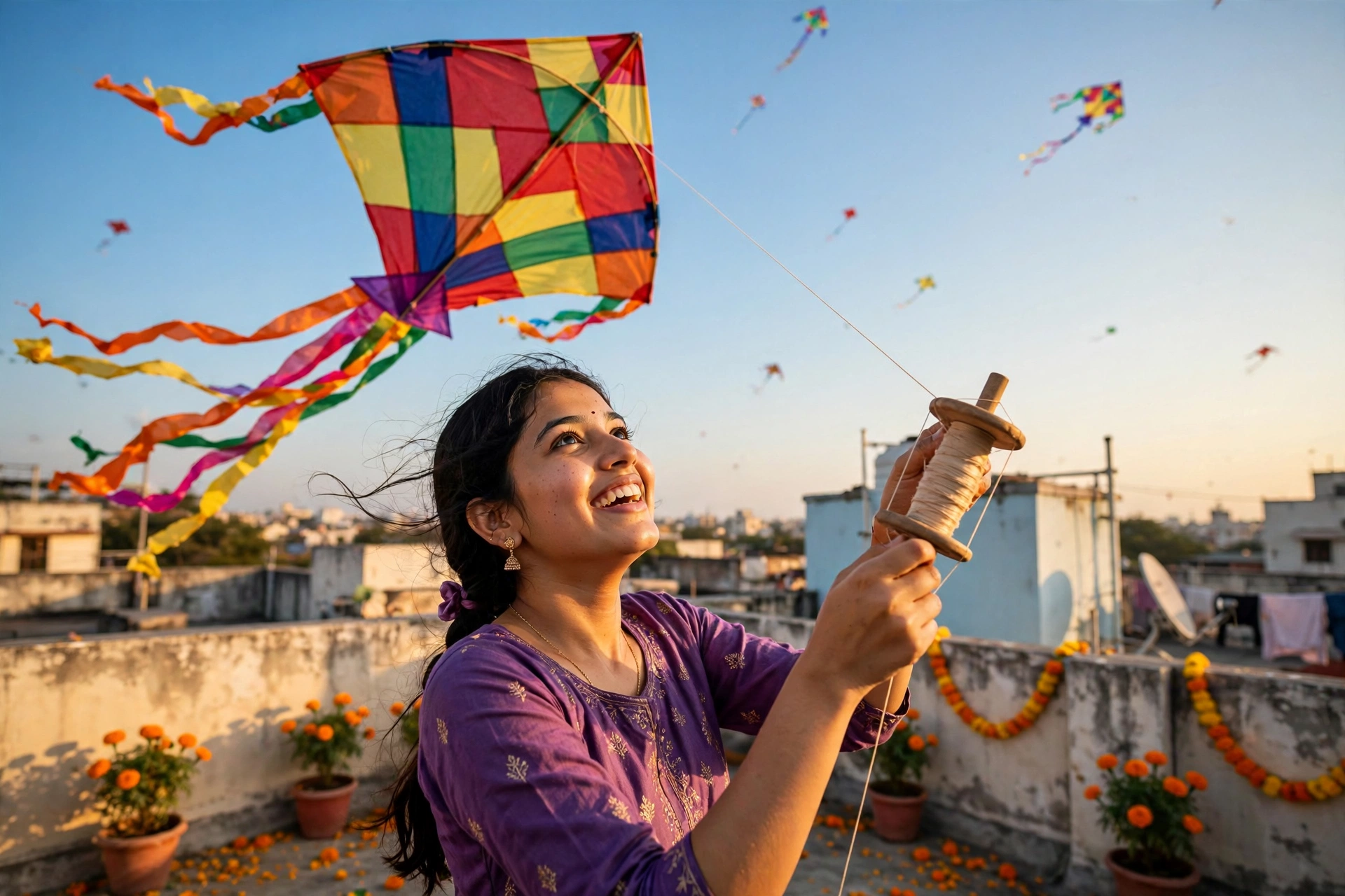 Makar Sankranti Kite Rooftop Portrait