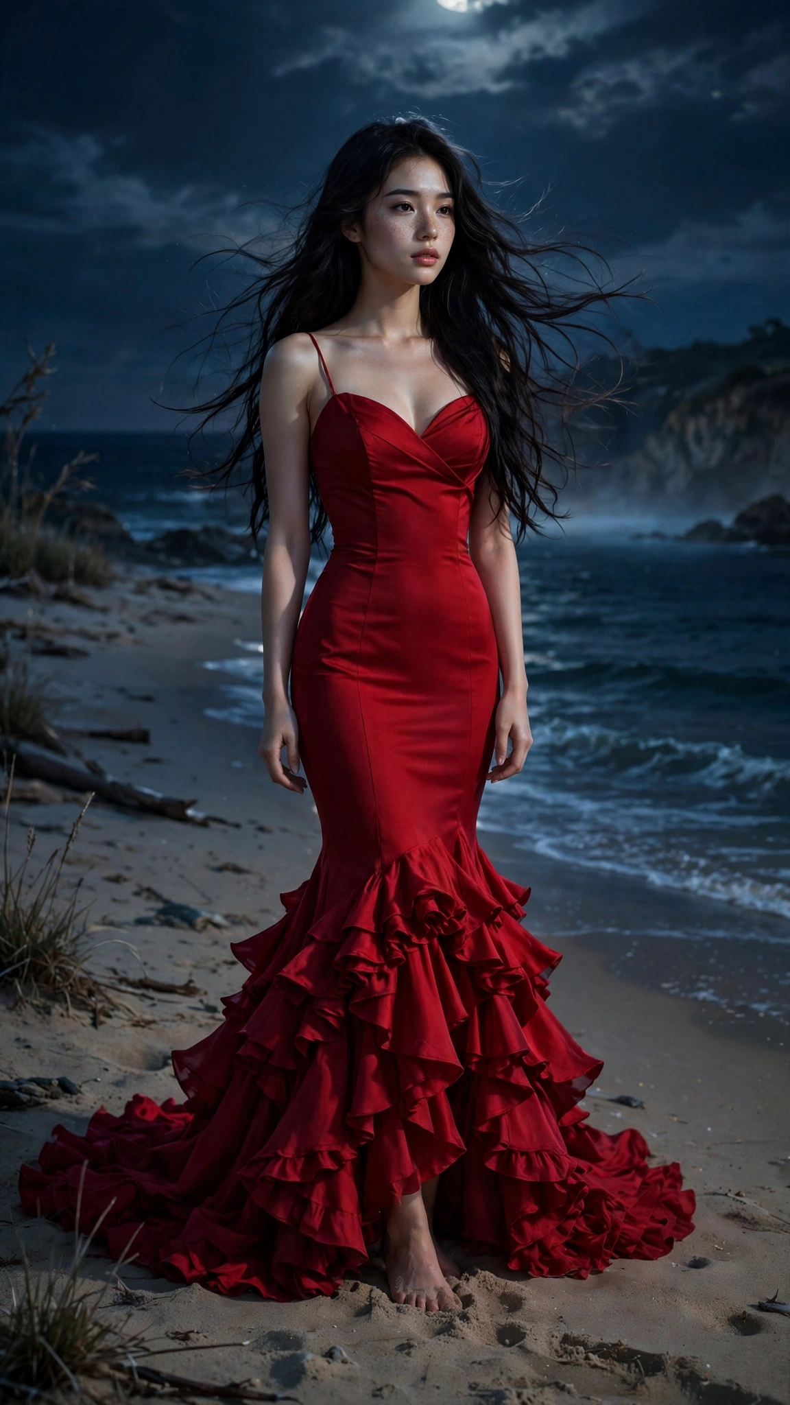 Night Beach Red Gown Portrait