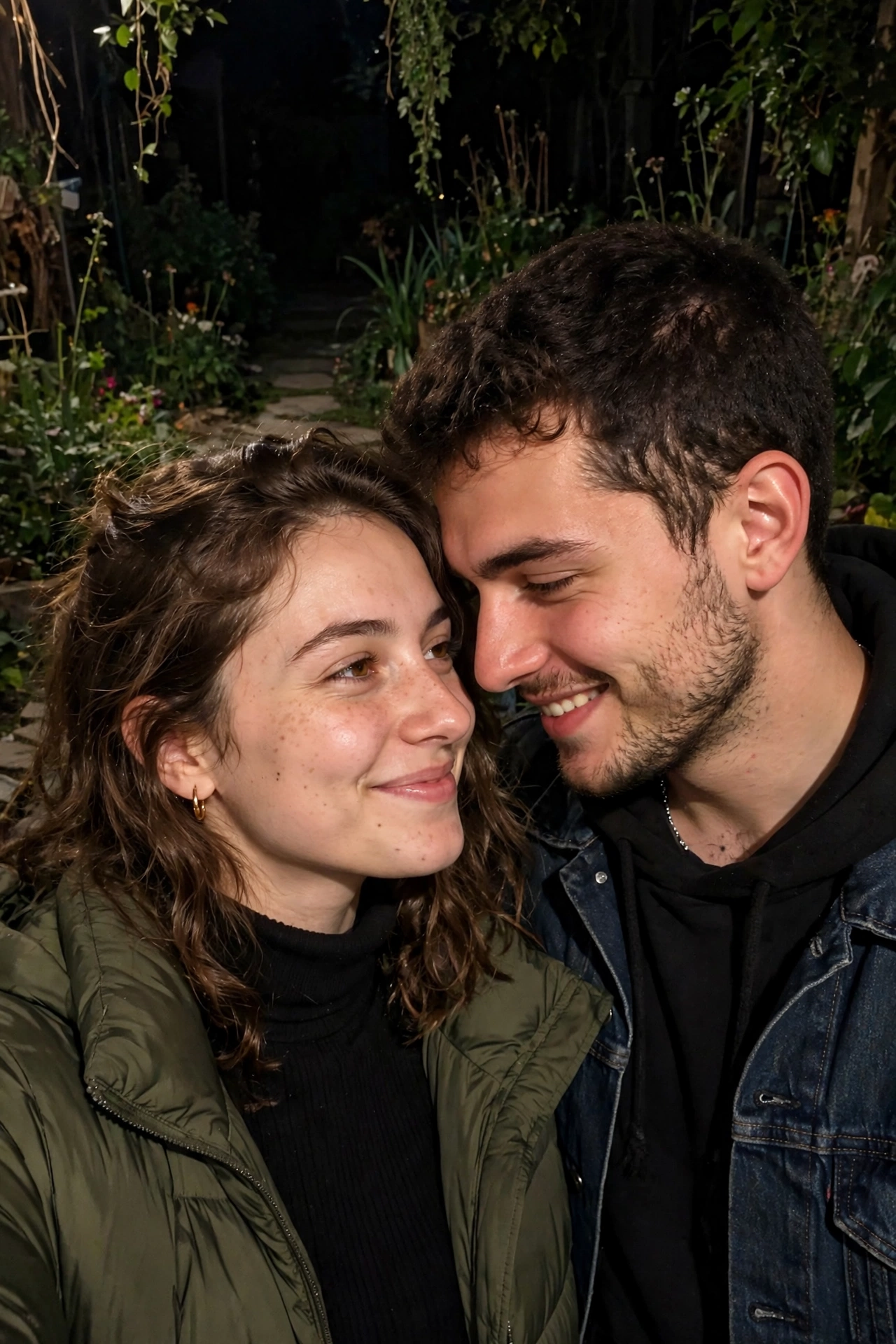 Night Garden Couple Flash Portrait
