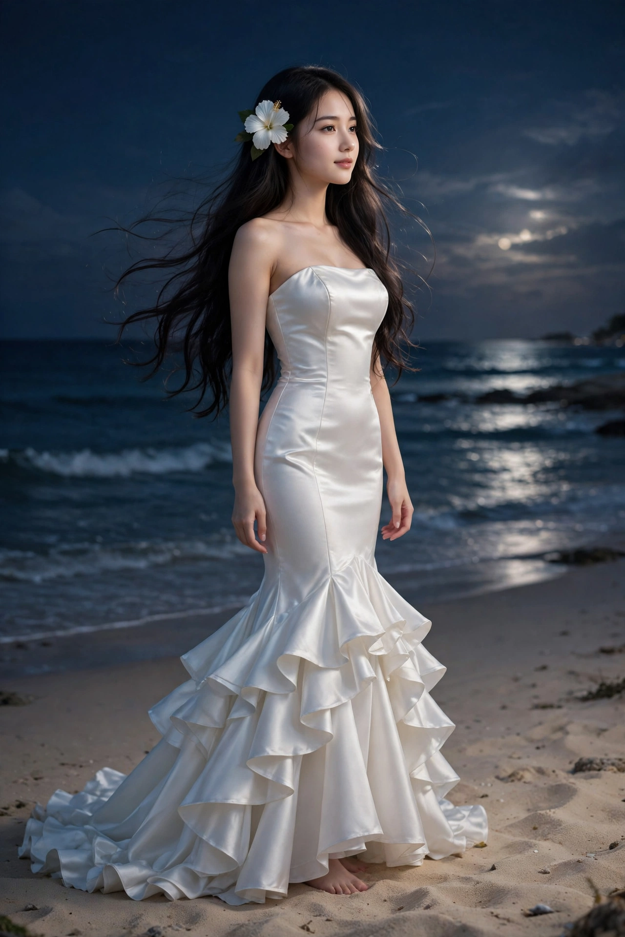 Nighttime Beach Portrait of a Beautiful Young Woman