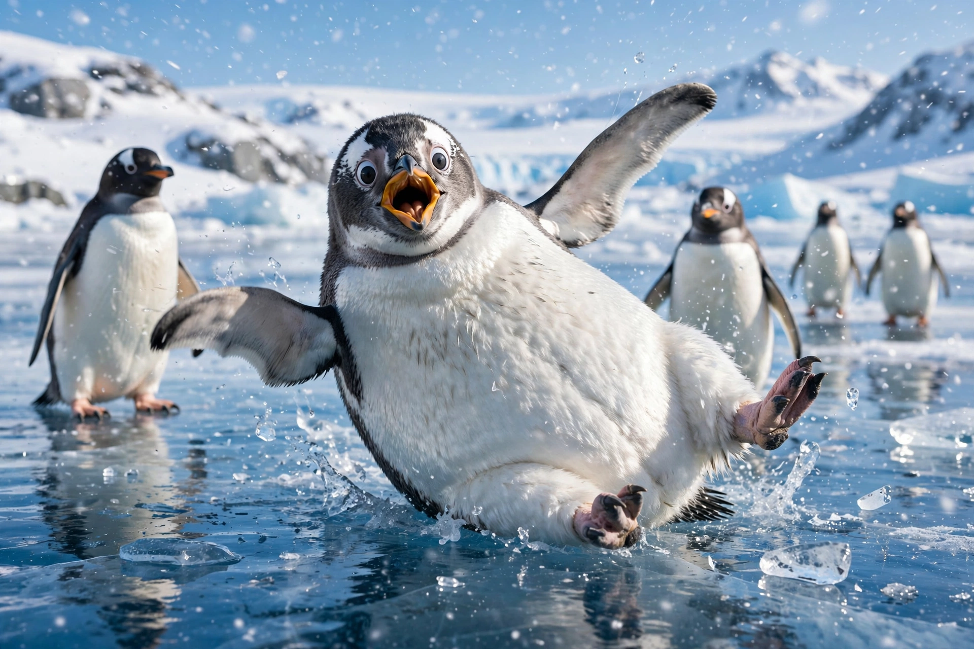 Penguin Slipping on Ice