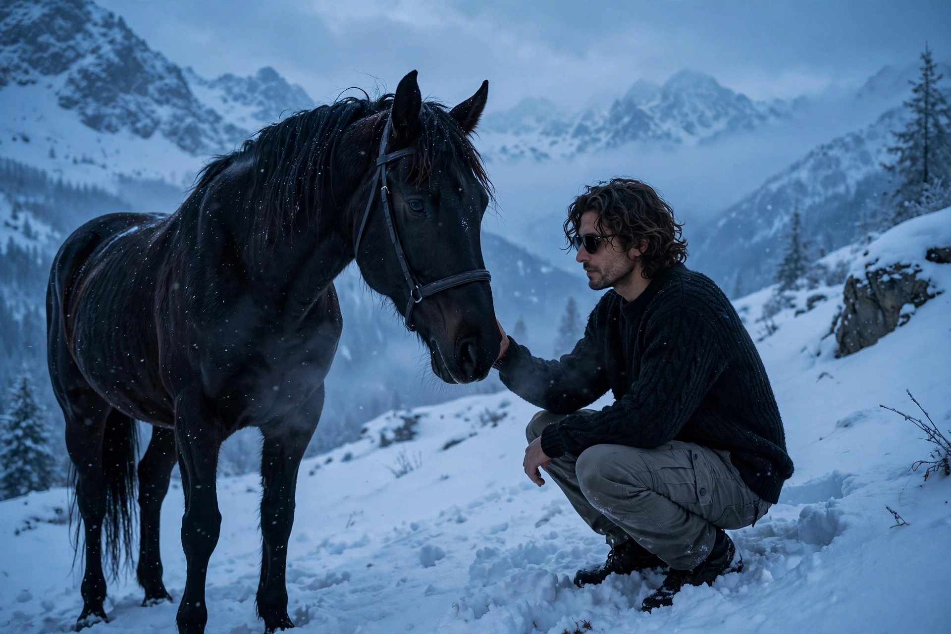 Person Crouching Beside Black Horse