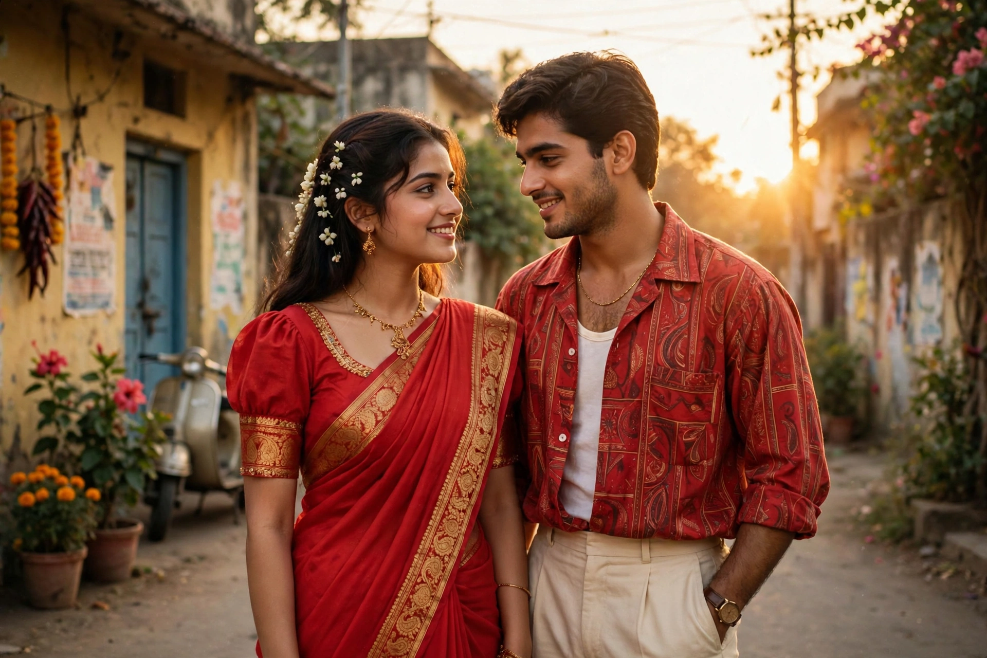 Retro Style Vintage Couple Red Saree
