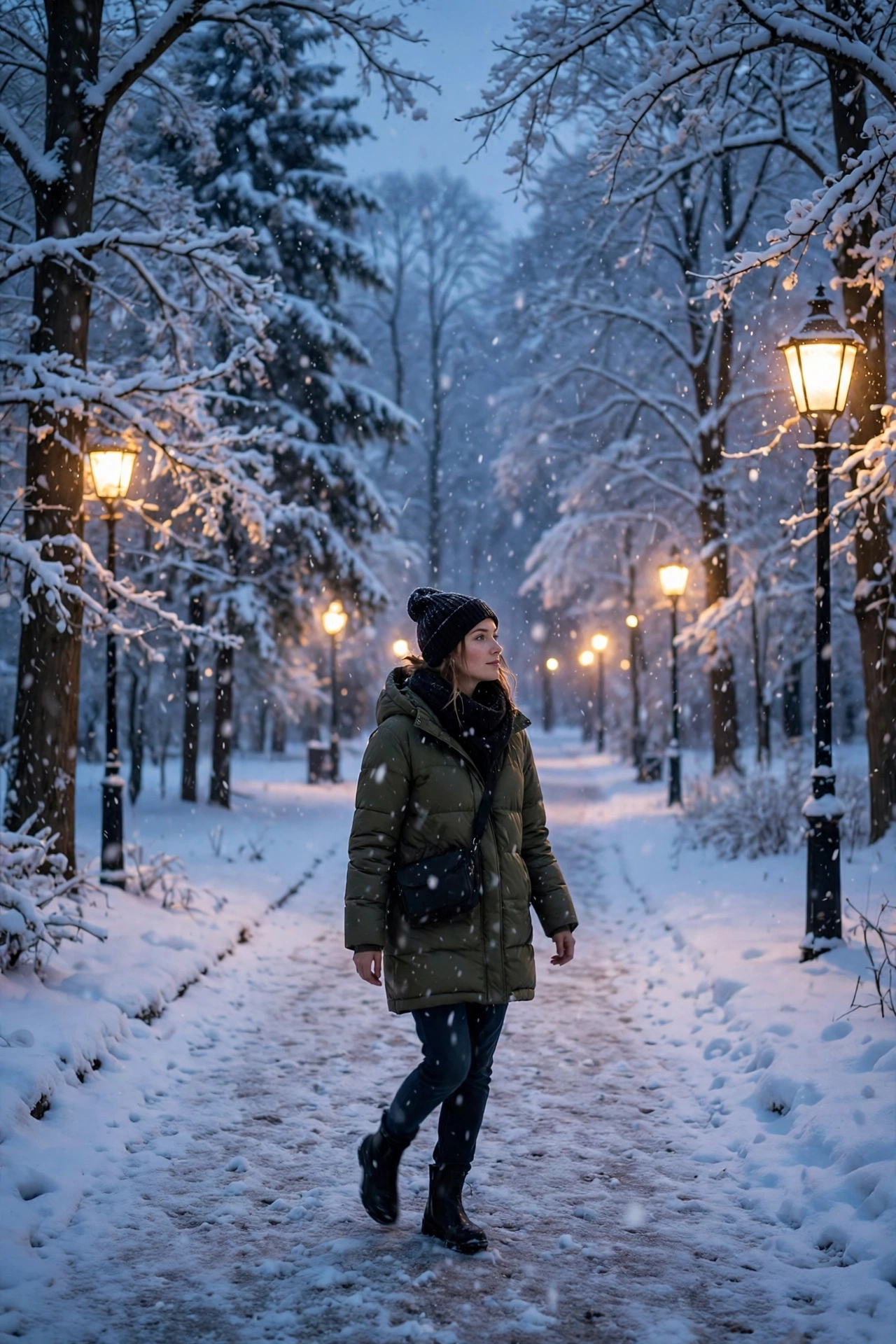 Woman Snowfall Walk